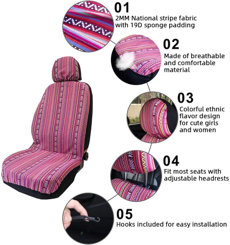 TAGMORE Pink Car Seat Cover Hippie Boho 4PCS Cute Western Accesories for Women Girls' GIF, Automotive Interior Covers Stripe Multi-Color Breathable, Universal fit for Sedan, Vans, Trucks, SUV - Image 5